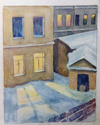 Зданович А. Зимний двор. Бумага, акварель. Размер: 26,5 х 21 см. Работа без подписи, в хорошем 