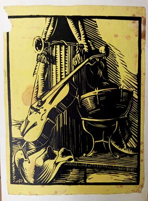 Разулевич Михаил . Натюрморт со скрипкой. 1930-е годы. Бумага, линогравюра. Размер: 39 х 28,5 