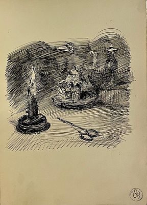 Фитингоф Георгий. Натюрморт со свечой. 1940-е гг. Бумага, тушь, перо. Размер: 31 х 22 см.
Штамп 