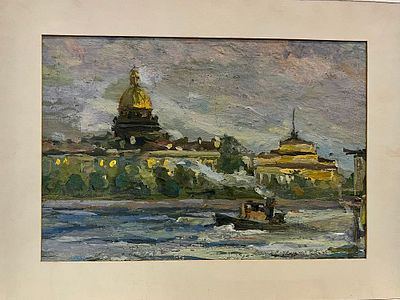 Бернштейн Станислав. Вид Ленинграда. 1960-е гг. Картон, темпера. Размер: 21 х 29 см.
Работа без 