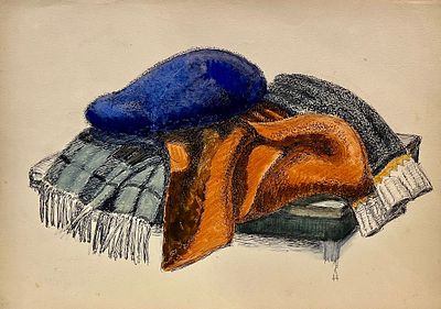 Критская Анна. Галантерея. 1944 г. Бумага, тушь, акварель. Размер: 21,5 х 30,5 см.
Работа 