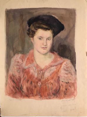 Кострова А. Студентка консерватории. 1945 г. Бумага, акварель. Размер: 56 х 42 см.
Работа 