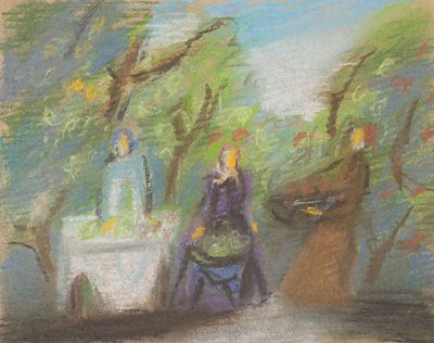 Писарева Г. Сбор урожая. 2000-е гг. Бумага, пастель. Размер: 18,8 х 23 см. Работа в хорошем 