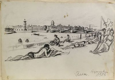 Воронова Виктория. Пляж. 1986 г. Бумага, смешанная техника. Размер работы: 21 х 30 см.
Работа 