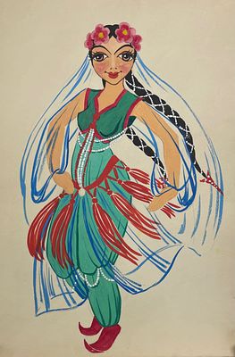 Эскиз костюма для Театра кукол. Бумага, гуашь. Размер: 41,5 х 29,5 см.
В хорошем состоянии.