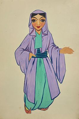 Эскиз костюма для Театра кукол. Бумага, гуашь. Размер: 41,5 х 29,5 см.
В хорошем состоянии.