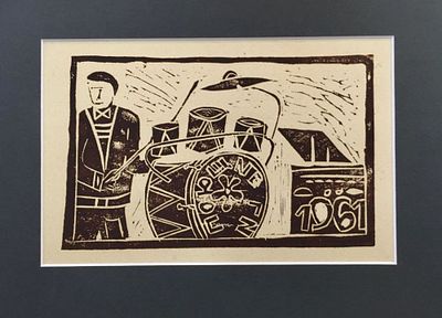 Флоренский А. Поющие гитары. 1961 г. Бумага, линогравюра. Размер изображения: 21,5 х 29 см. 