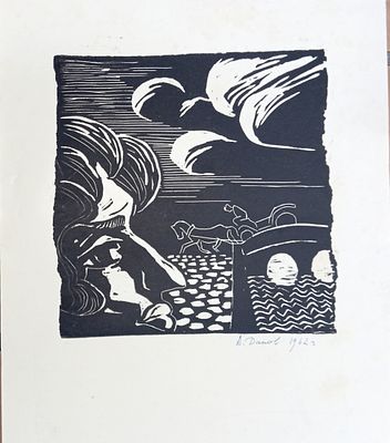 Данов А. Пейзаж с экипажем. 1962 г. Бумага, линогравюра. Размер: 43 х 36 см. Работа подписная 
