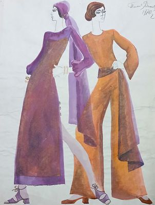 Данова Татьяна. Эскизы костюмов. 1970 г. Бумага, акварель. Размер: 60 х 46 см. Работа подписная 