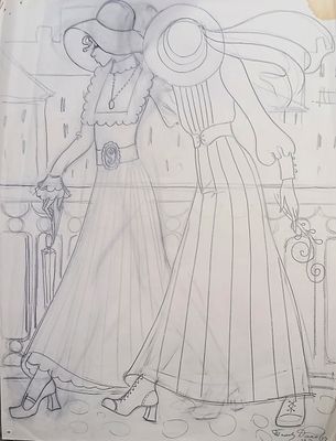 Данова Татьяна. Эскизы костюмов. 1970 г. Бумага, карандаш. Размер: 63 х 49 см. Работа подписная 