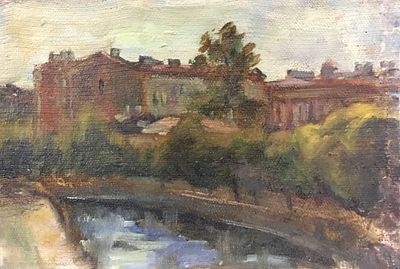 Гудзенко Александр. Городской пейзаж. 1980-е годы. Холст, масло. Размер: 17 х 25 см. Работа без 