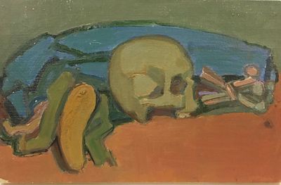 Иванов Михаил. Натюрморт с черепом и чесноком. 2000-е годы. Картон, масло. Размер: 18,5 х 25 