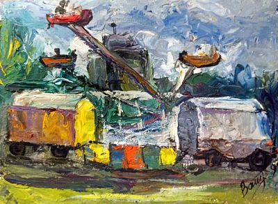 Вайциос Василис. Аттракционы. 1992 г. Картон, масло. Размер: 25,5 х 35 см . Работа подписная, в 