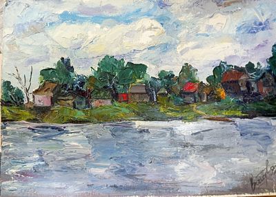 Вайциос Василис. На берегу. Рыбацкое. 1992 г. Картон, масло. Размер: 34 х 49,5 см . Работа 