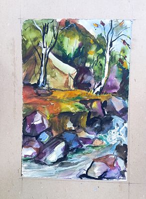 Вайциос Василис. У палатки. 1989 г. Бумага, акварель. Размер: 36 х 24,5 см . Работа подписная 