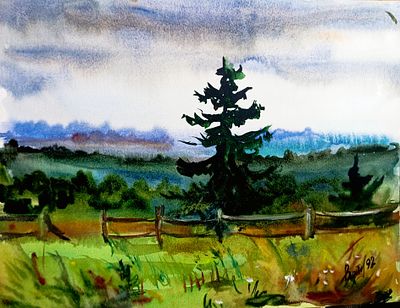 Вайциос Василис. Пушгоры. 1992 г. Бумага, акварель. Размер: 30 х 39,5 см . Работа подписная, в 