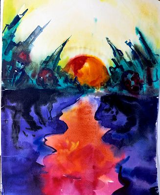 Вайциос Василис. Солнце в лесу. 1990-е гг. Бумага, акварель. Размер: 51 х 37 см . Работа в 