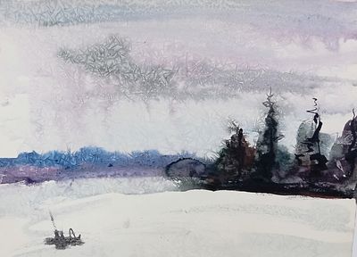 Вайциос Василис. Зимний пейзаж. 1990-е г.г. Бумага, акварель. Размер: 35,5 х 48 см . Работа в 