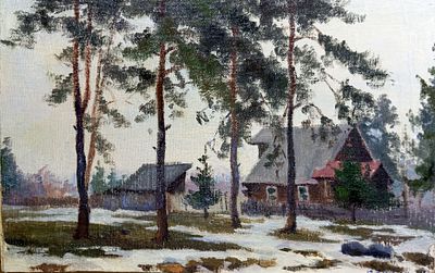 Миронов А. Окраина Лисьего Носа. 1967 г. Холст на картоне, масло. Размеры: 23 х 35 см. Работа 