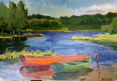 Миронов А. Лодки. 1975 г. Картон, масло. Размеры: 20,5 х 29 см. Работа подписная, в хорошем 