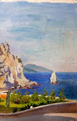 Миронов А. Ласточкино гнездо. Вид на скалу Парус. 1968 год. Картон, масло. Размеры: 35 х 23 см. 