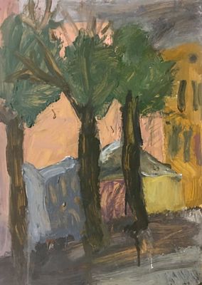 Сопина Ю. Три дерева. 2007 г. Оргалит, масло. Размер: 55 Х 38,5 см.
Работа подписная (на 