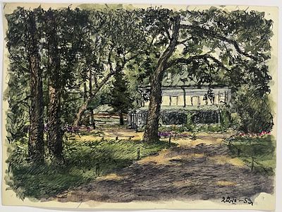 [Из собрания семьи В. Успенского] Успенский Владимир. Пейзаж с домом. 1953 г. Бумага, акварель 