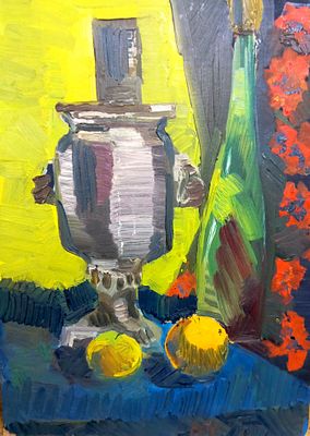 Флоренский А. "Самовар, бутылка и два апельсина". 1975 г. Картон, масло. Размер: 50 х 35 см. 