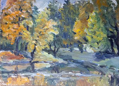 Н/Х. Осенний пейзаж.1970-е г.г. Картон, масло. Размеры: 25 х 35 см. Работа в хорошем состоянии 