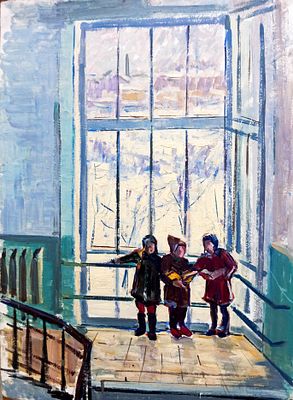 Кучеренко Владимир. Школьницы. 1960-е г.г. Картон, смешанная техника. Размер: 70 х 51 см. 