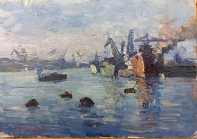 Кучеренко Владимир. В порту. 1960-е г.г. Картон, масло. Размер: 34 х 48 см. Работа без подписи. 
