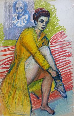 Кучеренко Владимир. Перед спектаклем. 1970-е гг. Картон, смешанная техника. Размер: 93 х 59 см. 