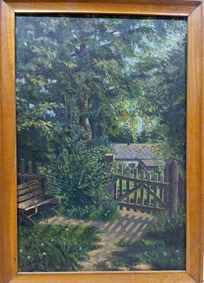 Острова Л. А. У калитки. 1950 г. Холст, масло. Размер: 60 х 42 см. Работа подписная, в хорошем 