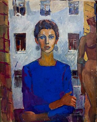 Кучеренко Владимир. Женщина в синем. 1970-е гг. Бумага наклеена на картон, гуашь. Размер: 100 х 