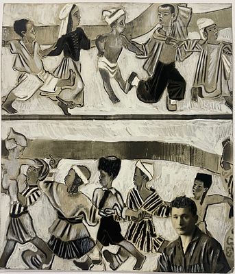 Фото. Алексей Пахомов на фоне панно "Хоровод детей всех наций". 1937 г. Бумага, фотопечать 