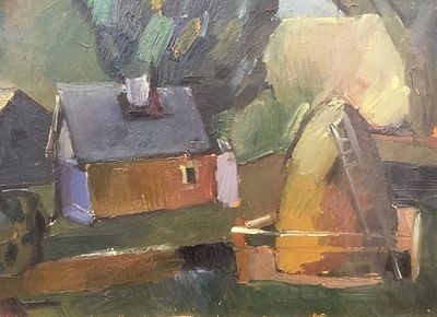 Флоренский А. "Дом и стог." 1978 г. Картон, масло. Размеры: 35 х 49,5 см. Работа подписная. В 