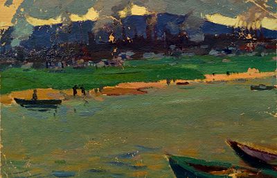 Кремер Марк. Город Кузнецк. 1959 год. Картон, масло. Размер: 35 х 51,5 см. Работа подписная. 