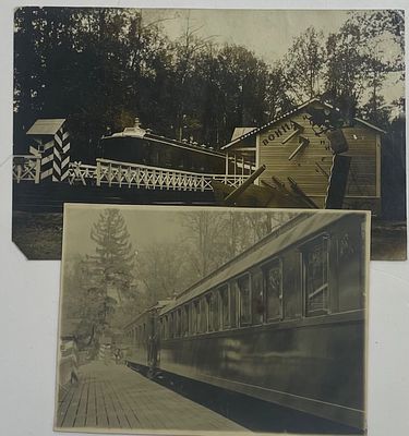 [Составной лот] Два фото. Вагоны бывшего Царского поезда. Петергоф. 1929 г. Фото 1: с утратами 