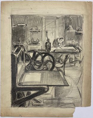 [Из собрания семьи В. Успенского] Н/х. В печатной мастерской. Бумага, карандаш. Размер: 33,5 х 