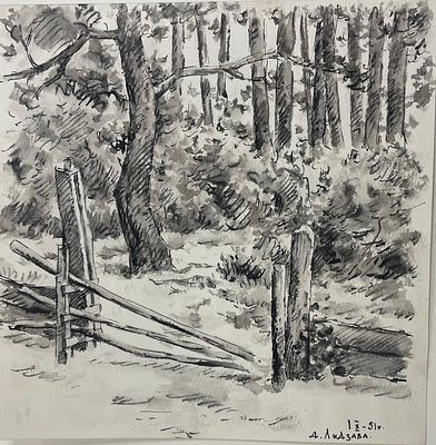 [Из собрания семьи В. Успенского] Успенский Владимир. Деревня Лидзава. 1951 г. Бумага, черная 