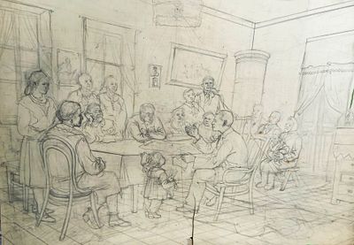 Н/Х. Обсуждаем пленум. 1930-е гг. Бумага, карандаш. Размер: 39,5 х 57 см. Имеются надрывы и 