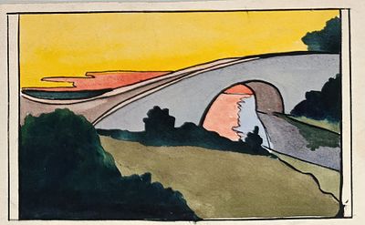Миронов Сергей. Мост на закате. 1930-е г.г. Бумага, тушь, акварель. Размеры: 10,5 х 17 см. 