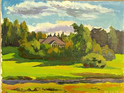 Миронов А. Усадьба. 1970 г. Картон, масло. Размер: 18 х 24 см. Работа в хорошем состоянии. Мирон 