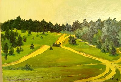 Миронов А. Дороги. 1975 г. Картон, масло. Размер: 21 х 30 см. Работа в хорошем состоянии, подписная.
