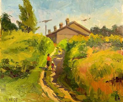 Миронов А. К дому. 1975 г. Картон, масло. Размер: 23 х 27 см. Работа в хорошем состоянии, подписная.