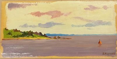 Миронов А. На закате.1992 г. Картон, масло. Размер: 10 х 19,5 см. Работа в хорошем состоянии 
