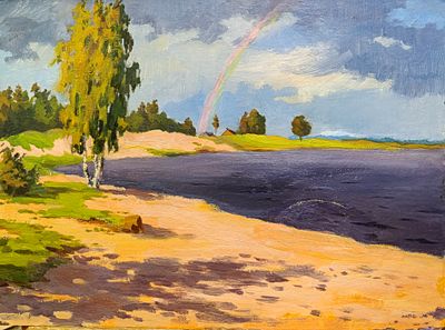 Миронов А. Радуга. 1967 г. Картон, масло. Размер: 68,5 х 49 см. Работа в хорошем состоянии 
