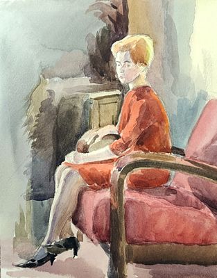 Миронов А. Женский портрет. 1964 г. Бумага, акварель. Размер: 26 х 20 см. Работа в хорошем 