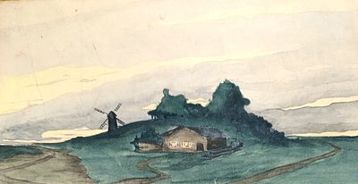 Миронов Сергей. Пейзаж .1930-е г.г. Бумага, тушь, акварель. Размеры: 12 х 23,5 см. Работа в 