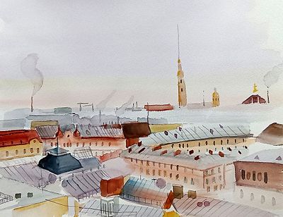 Осташова Наталия. Крыши Петербурга. 2026 год. Акварель. Размер: 50 х 57 см. Работа подписная, в 